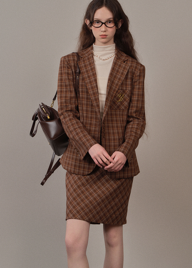 Brown checkered casual suit jacket and skirt YOO0070