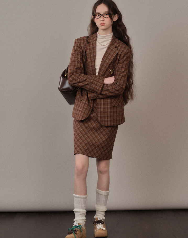 Brown checkered casual suit jacket and skirt YOO0070