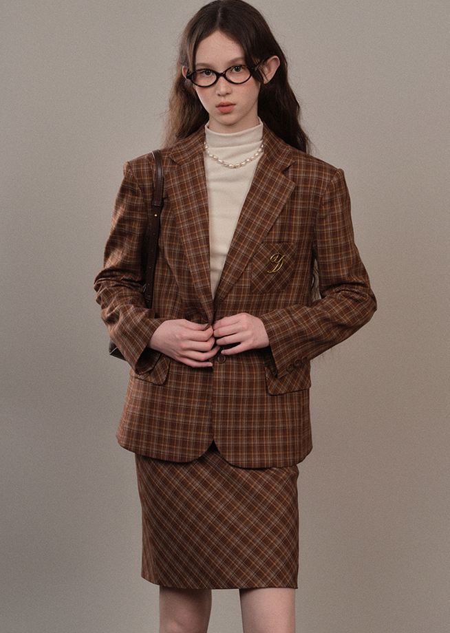 Brown checkered casual suit jacket and skirt YOO0070