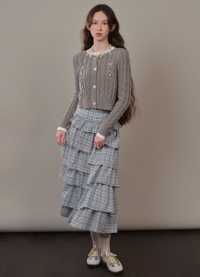 Blue Checked Frilled Layered Long Skirt YOO0075