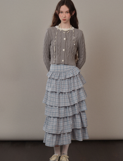 Blue Checked Frilled Layered Long Skirt YOO0075