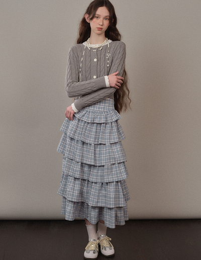 Blue Checked Frilled Layered Long Skirt YOO0075