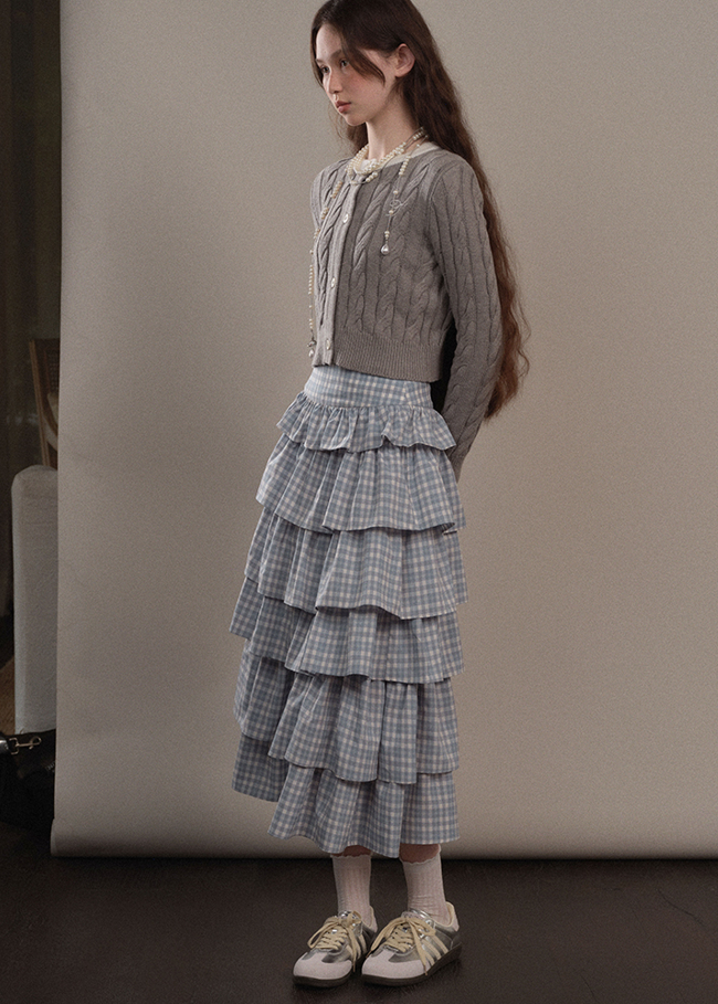 Blue Checked Frilled Layered Long Skirt YOO0075