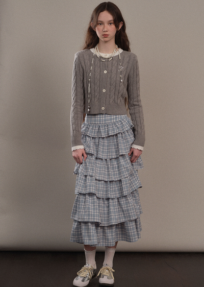 Blue Checked Frilled Layered Long Skirt YOO0075