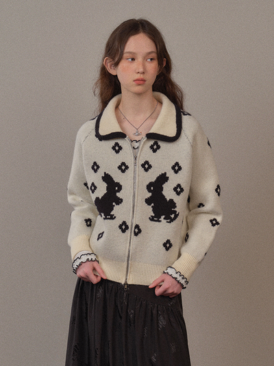 Flower Rabbit Pattern Zip Knit Cardigan YOO0076