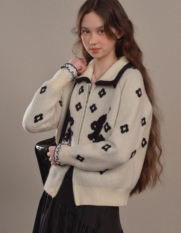 Flower Rabbit Pattern Zip Knit Cardigan YOO0076