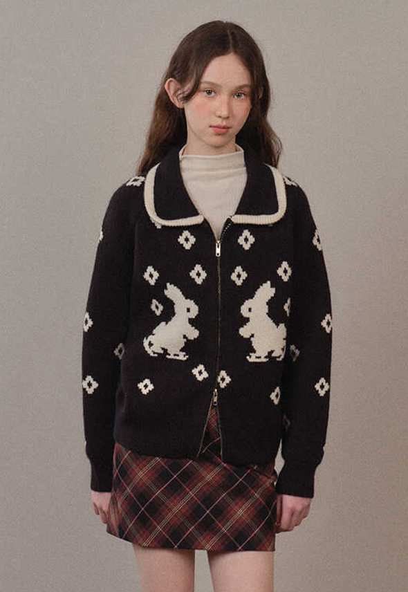 Flower Rabbit Pattern Zip Knit Cardigan YOO0076