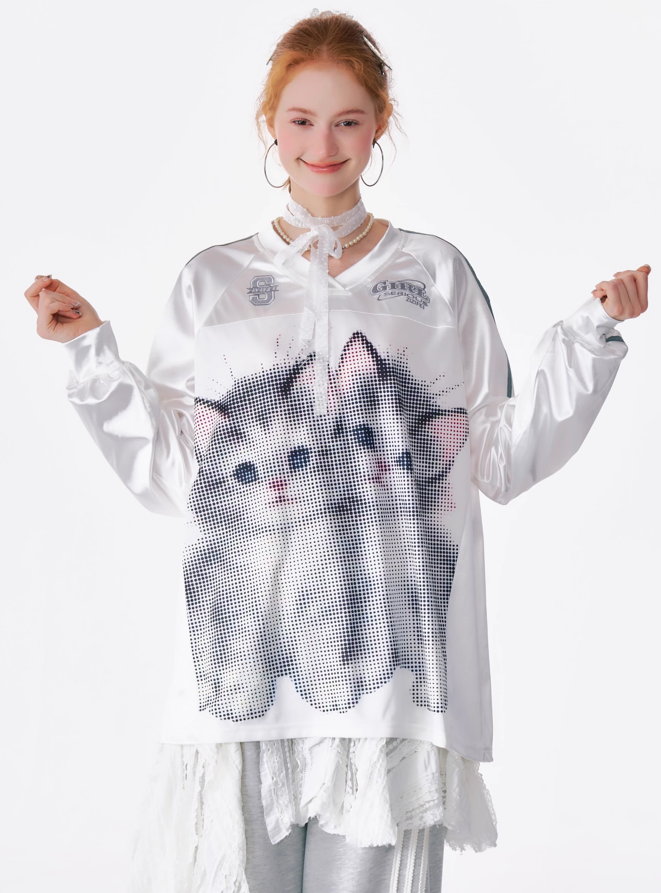 Cat Print V-Neck Long-Sleeved Jersey Top ZIZ0153