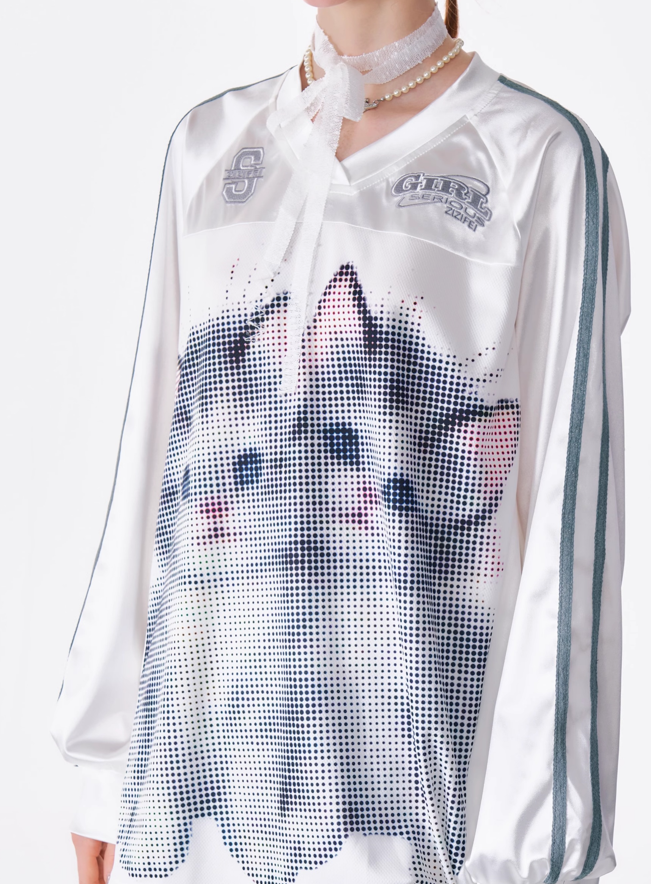 Cat Print V-Neck Long-Sleeved Jersey Top ZIZ0153