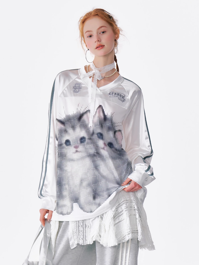 Cat Print V-Neck Long-Sleeved Jersey Top ZIZ0153