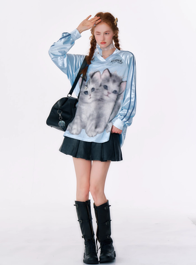 Cat Print V-Neck Long-Sleeved Jersey Top ZIZ0153