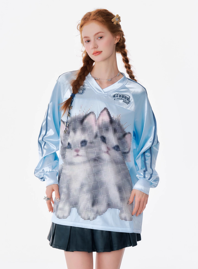 Cat Print V-Neck Long-Sleeved Jersey Top ZIZ0153