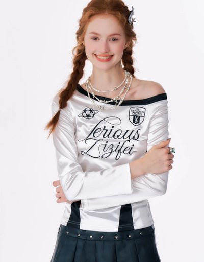 American Retro Sporty Design One-Shoulder Jersey Style Long-Sleeved Top ZIZ0154