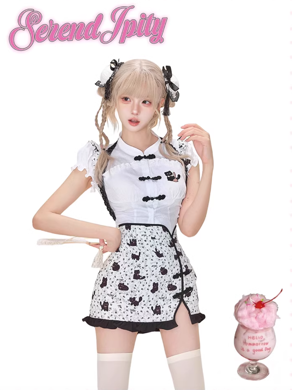 Cat Story Summer Suits Women's White Shirt Top & Halter Neck Hip Skirt SER0068