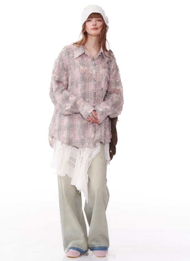 Butterfly Jacquard Pocket Damaged Plaid Loose Shirt ZIZ0161