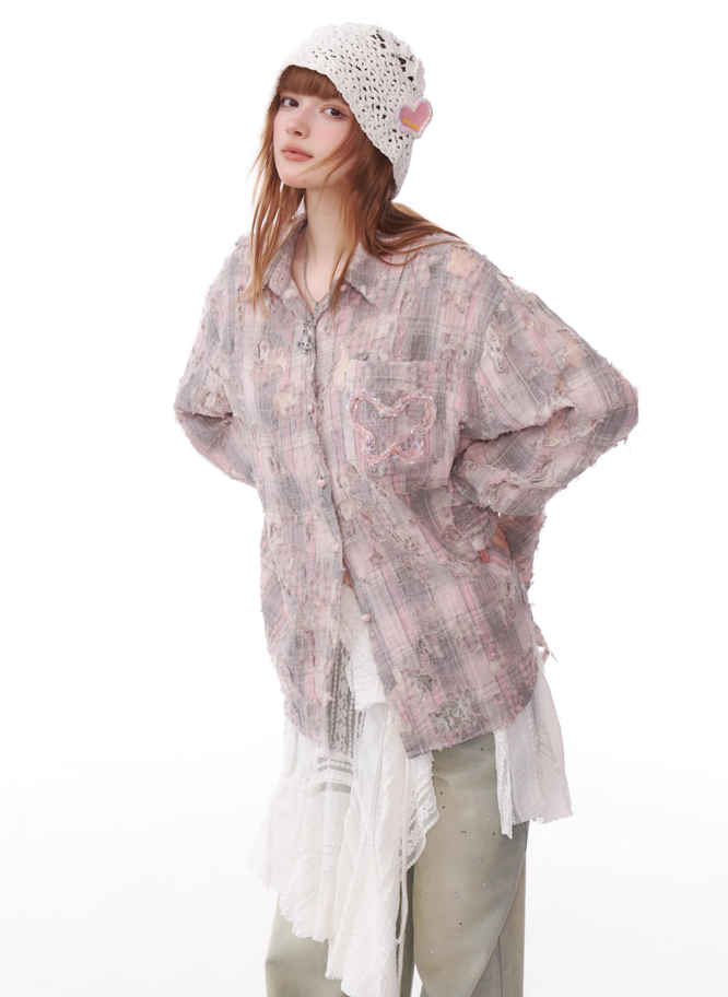 Butterfly Jacquard Pocket Damaged Plaid Loose Shirt ZIZ0161