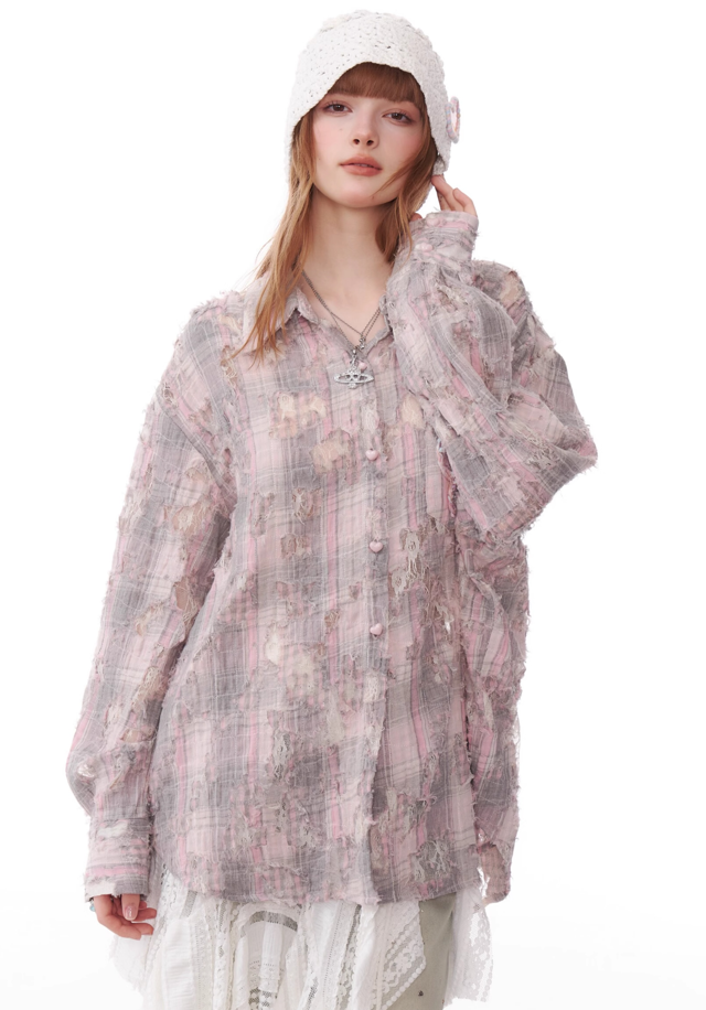 Butterfly Jacquard Pocket Damaged Plaid Loose Shirt ZIZ0161