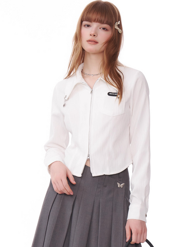 Double-zip shirt top with heart charm collar ZIZ0165