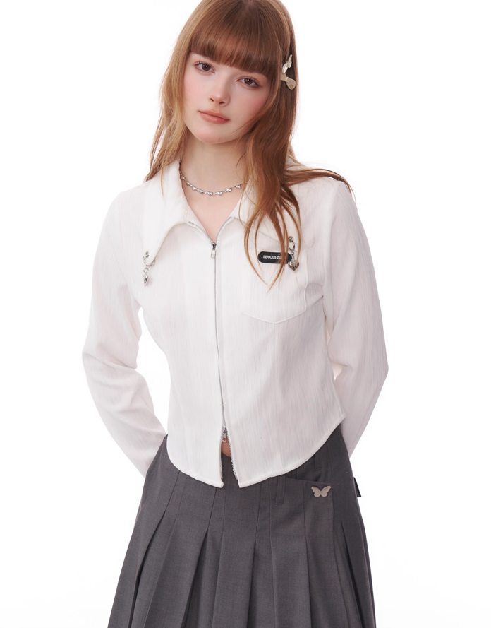 Double-zip shirt top with heart charm collar ZIZ0165