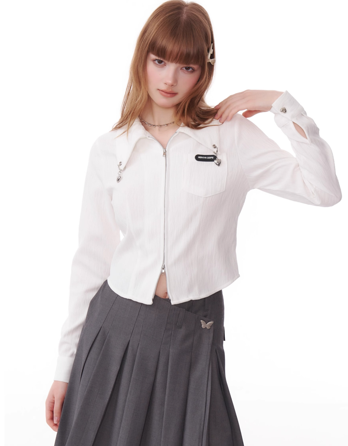 Double-zip shirt top with heart charm collar ZIZ0165