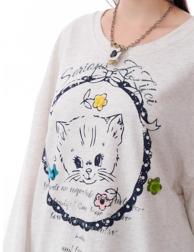 Cat Design Round V-Neck Casual Long Tee ZIZ0166