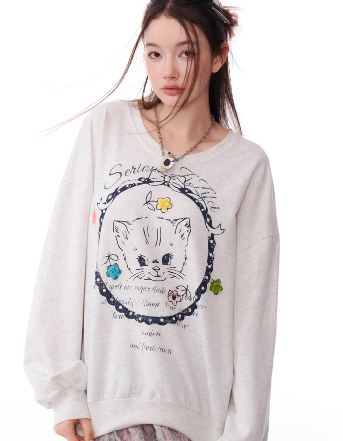 Cat Design Round V-Neck Casual Long Tee ZIZ0166