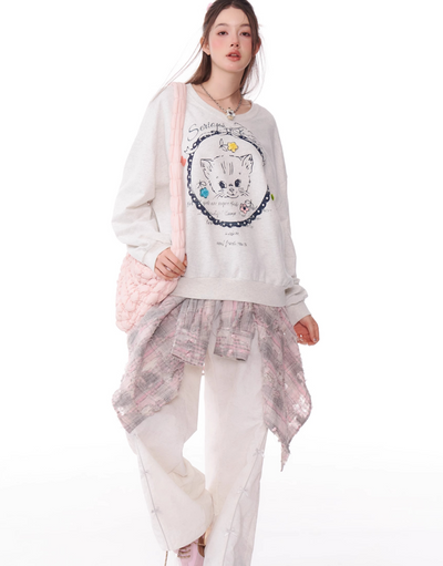 Cat Design Round V-Neck Casual Long Tee ZIZ0166