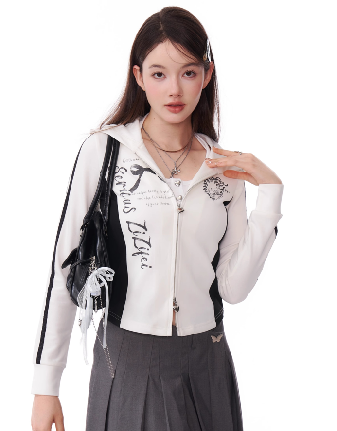 American Retro Print Double Zip Slim Hoodie Top ZIZ0167