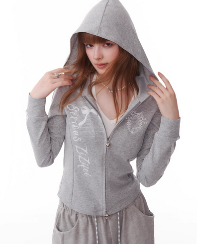 American Retro Print Double Zip Slim Hoodie Top ZIZ0167