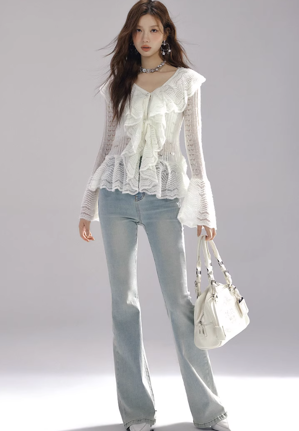 Big Wave Frill Lace V-Neck Sweet Flare Top LAC0225