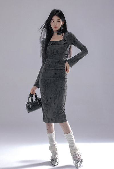 Ruffle Square Neck Frayed Design Side Slit Slim Dress LAC0228