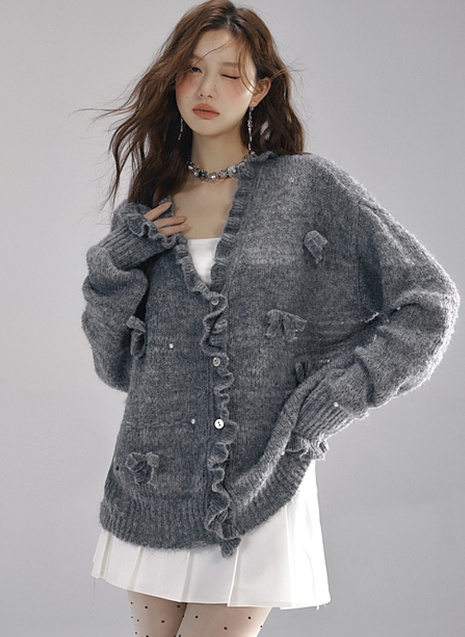 Soft knit ruffle cardigan with ribbon and pearl design LAC0229