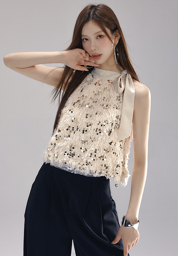 Feather Sequined Ribbon Neck Sleeveless Top LAC0240