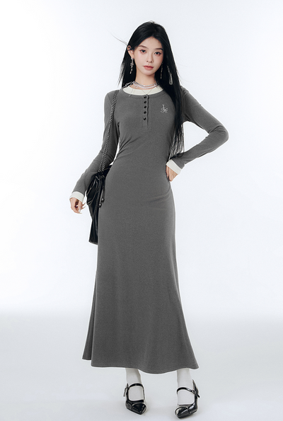 Contrast Color College Style A-line Long Dress LAC0241