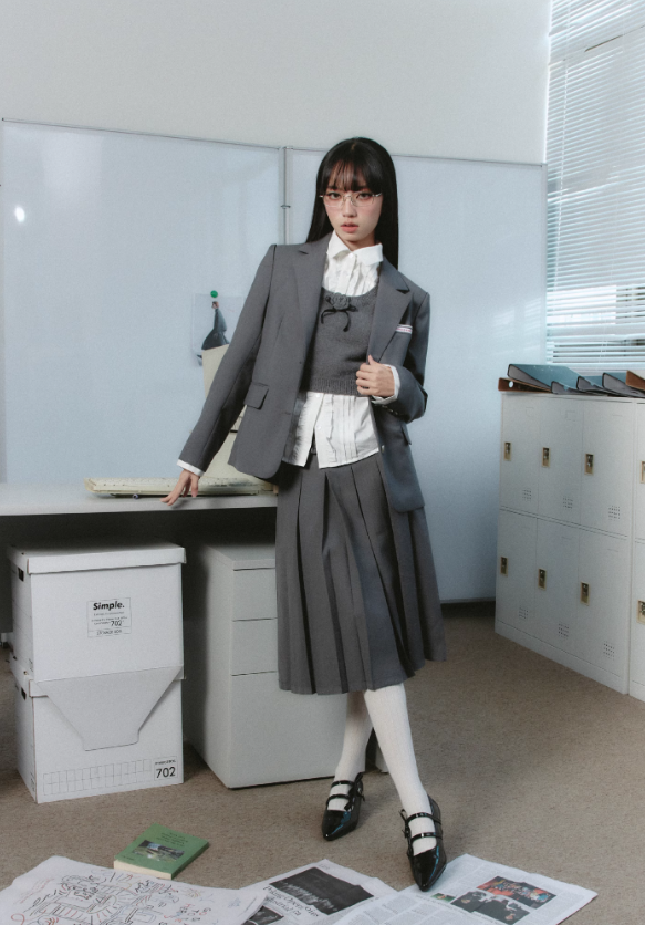 College Style Jacket & Ruffle Shirt & Ribbon Vest & Pleated Skirt FRA0205