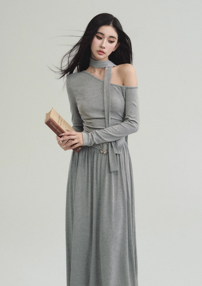 One Shoulder Waist Belt Round Hem Knit Dress FRA0212