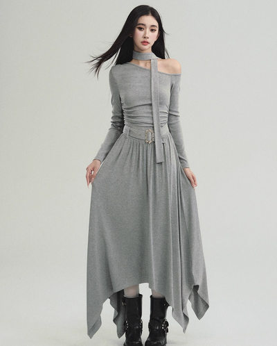 One Shoulder Waist Belt Round Hem Knit Dress FRA0212