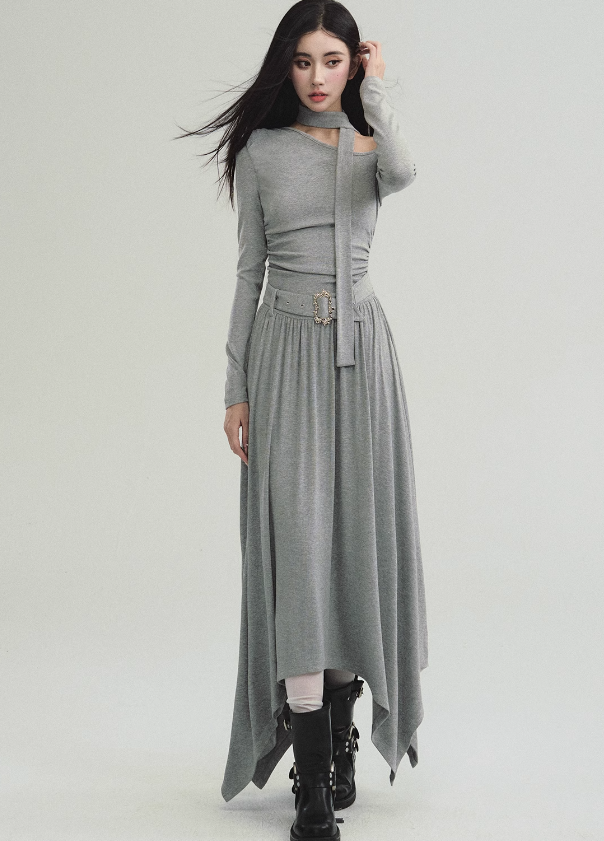 One Shoulder Waist Belt Round Hem Knit Dress FRA0212