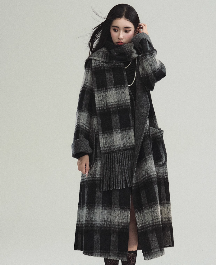 Lamb-wool blend retro plaid collarless coat and scarf FRA0213