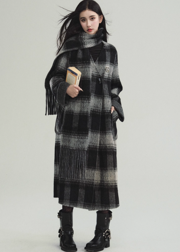 Lamb-wool blend retro plaid collarless coat and scarf FRA0213