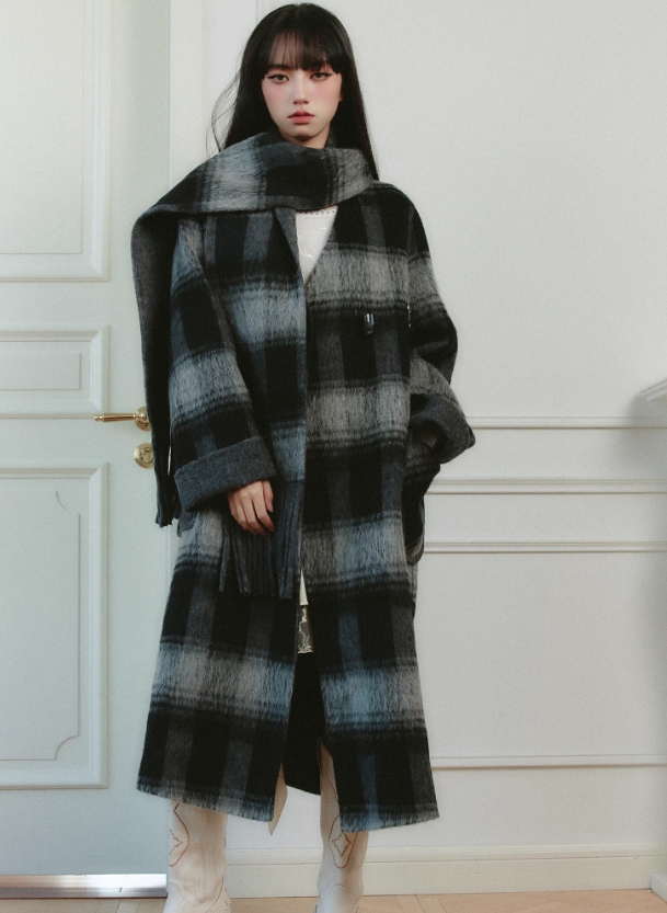 Lamb-wool blend retro plaid collarless coat and scarf FRA0213