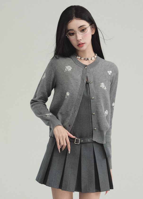 Rose Pattern Girly Button Knit Cardigan FRA0215