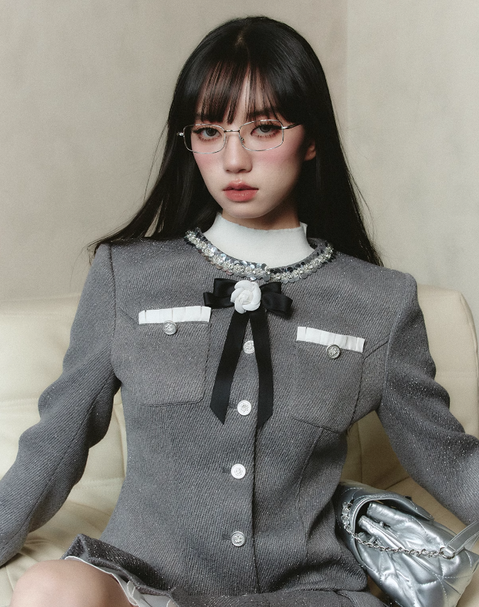 Sequined Round Collar Rose Motif Pocket Jacket & Layered College Style Pleated Skirt FRA0221