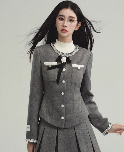 Sequined Round Collar Rose Motif Pocket Jacket & Layered College Style Pleated Skirt FRA0221