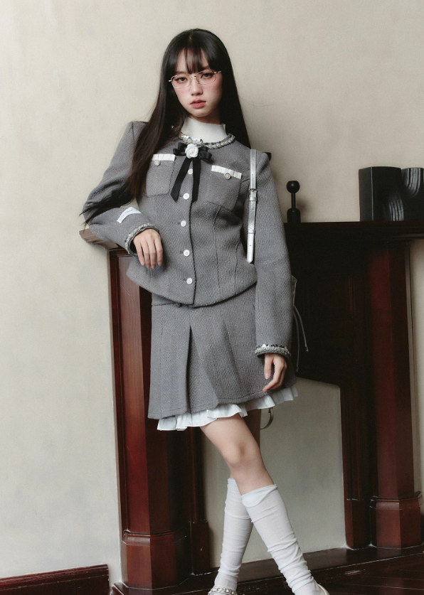 Sequined Round Collar Rose Motif Pocket Jacket & Layered College Style Pleated Skirt FRA0221