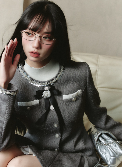 Sequined Round Collar Rose Motif Pocket Jacket & Layered College Style Pleated Skirt FRA0221