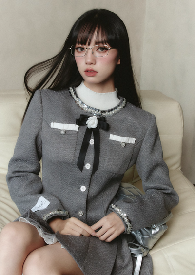 Sequined Round Collar Rose Motif Pocket Jacket & Layered College Style Pleated Skirt FRA0221