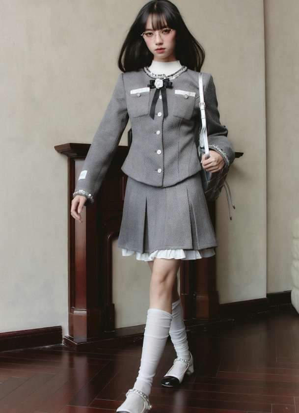 Sequined Round Collar Rose Motif Pocket Jacket & Layered College Style Pleated Skirt FRA0221