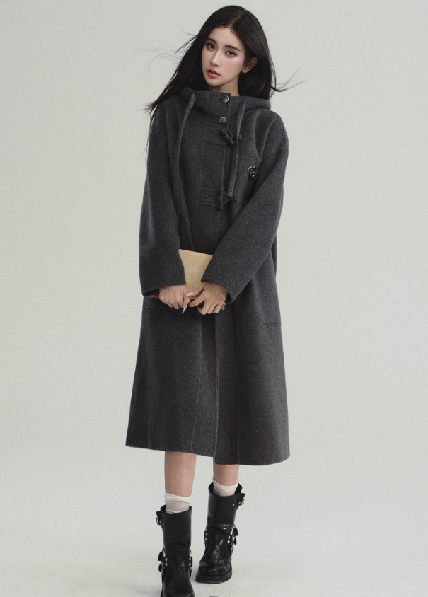 Lamb Wool Blend Hooded Duffle Coat FRA0222