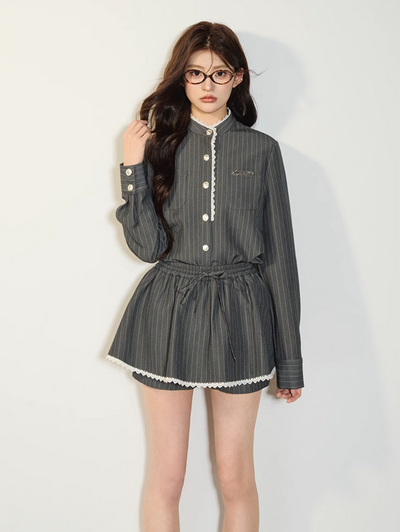 Gray striped long sleeve shirt & short collar skirt QDQ0071